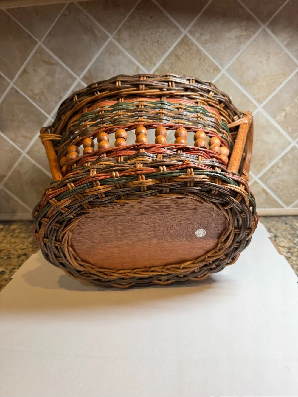 Vintage Woven Wicker Rattan Basket Wood Bead Double Handles Farmhouse Decor